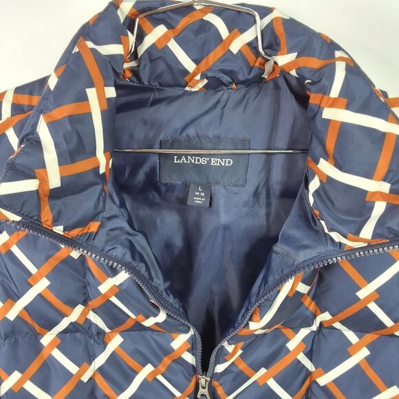 Lands End Womens Down Quilted Puffer Vest Navy Rust White Lattice Print Large - Picture 2 of 6